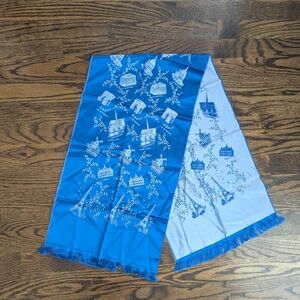 Vintage Women's Paris Scarf Blue White Embroidery 13 X 48